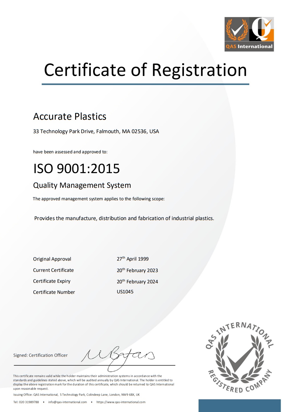 ISO 9001: 2015 Registered - Falmouth